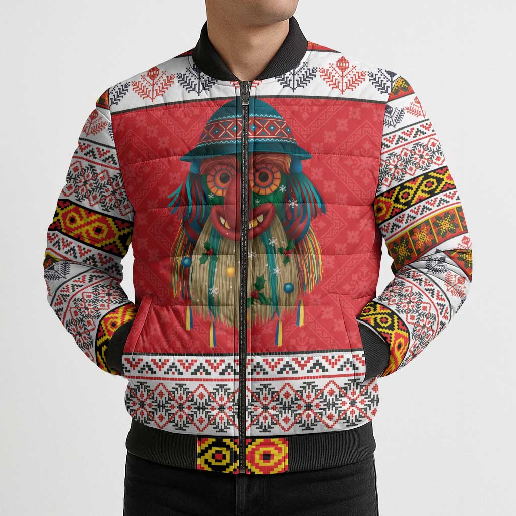 Personalized Romania Christmas Bomber Puffer Jacket Romanian Folk Mask - Wonder Print Shop