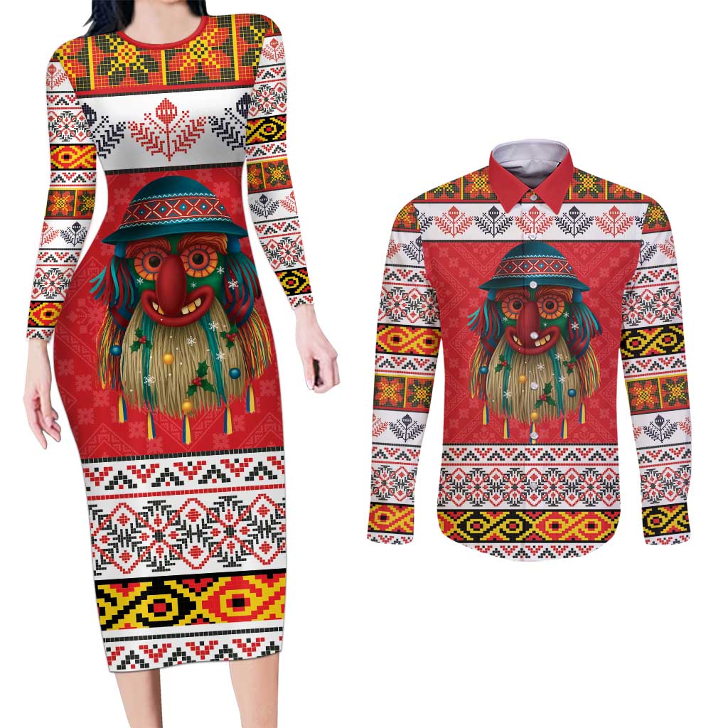 Personalized Romania Christmas Couples Matching Long Sleeve Bodycon Dress and Long Sleeve Button Shirt Romanian Folk Mask - Wonder Print Shop