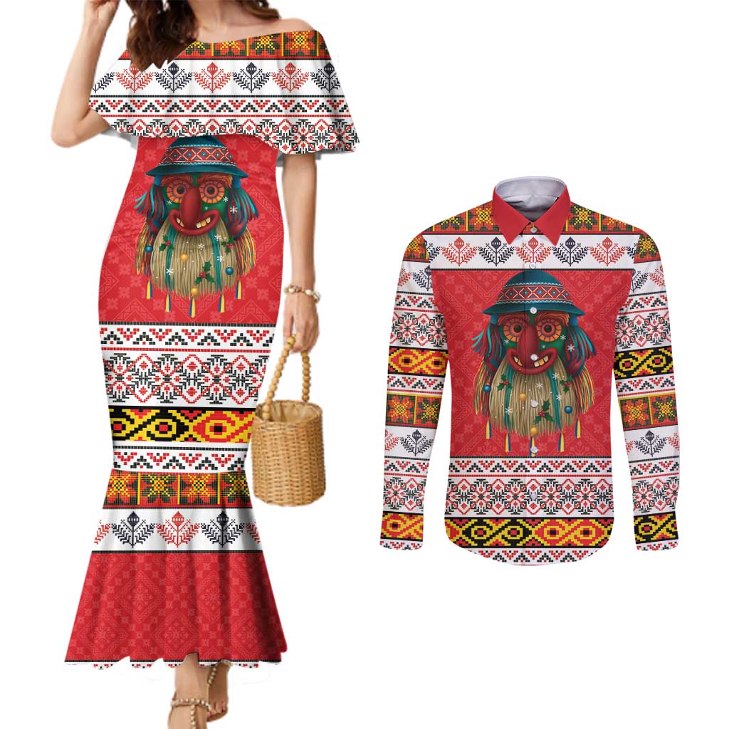 Personalized Romania Christmas Couples Matching Mermaid Dress and Long Sleeve Button Shirt Romanian Folk Mask - Wonder Print Shop