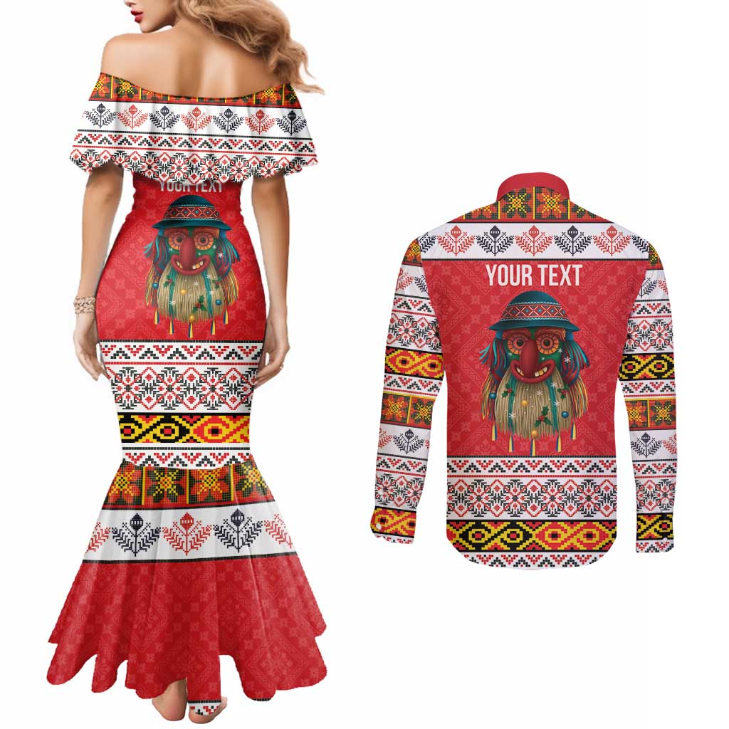 Personalized Romania Christmas Couples Matching Mermaid Dress and Long Sleeve Button Shirt Romanian Folk Mask - Wonder Print Shop