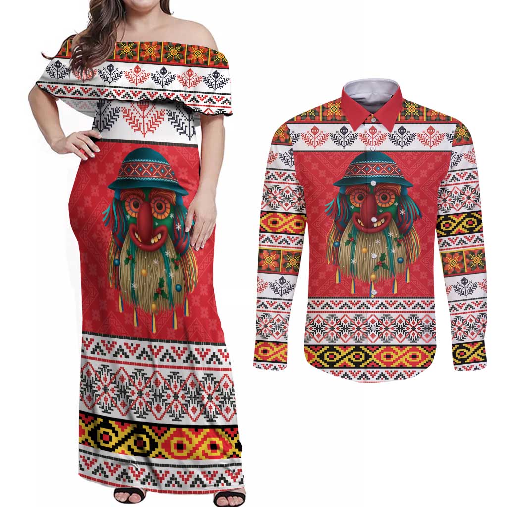 Personalized Romania Christmas Couples Matching Off Shoulder Maxi Dress and Long Sleeve Button Shirt Romanian Folk Mask - Wonder Print Shop