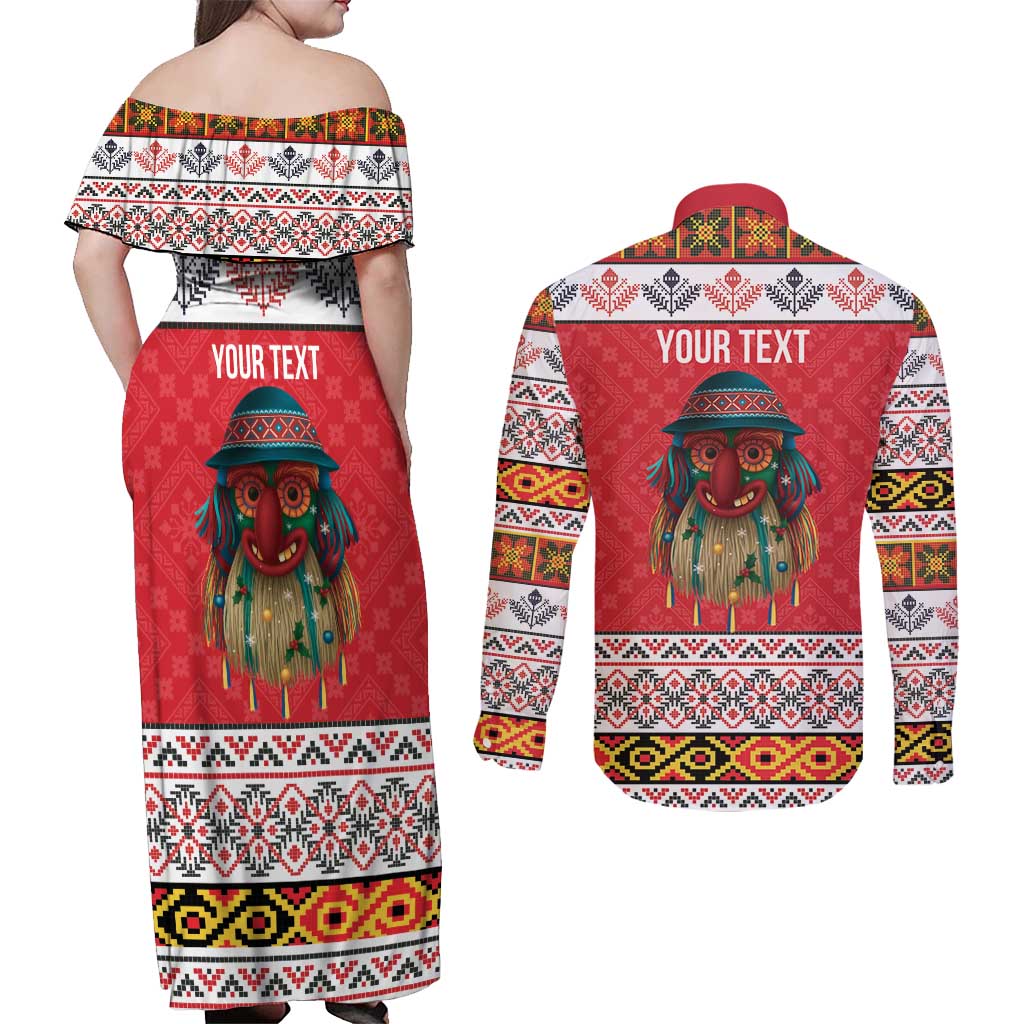 Personalized Romania Christmas Couples Matching Off Shoulder Maxi Dress and Long Sleeve Button Shirt Romanian Folk Mask - Wonder Print Shop