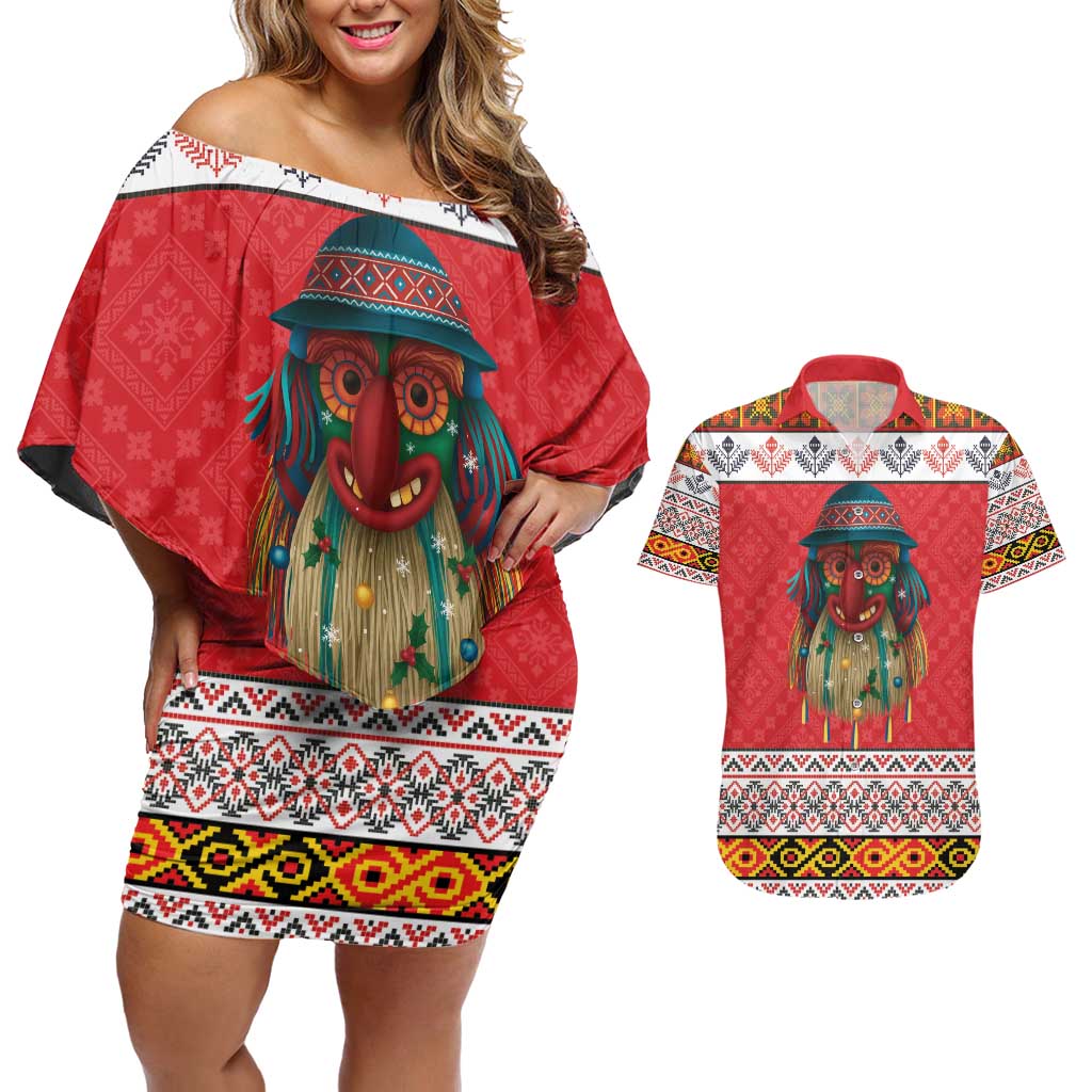 Personalized Romania Christmas Couples Matching Off Shoulder Short Dress and Hawaiian Shirt Romanian Folk Mask - Wonder Print Shop