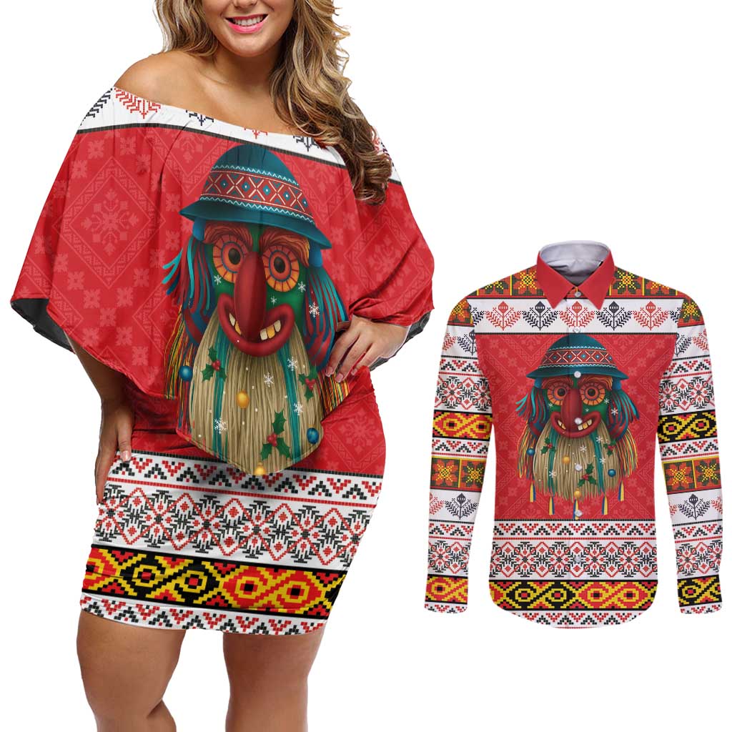 Personalized Romania Christmas Couples Matching Off Shoulder Short Dress and Long Sleeve Button Shirt Romanian Folk Mask - Wonder Print Shop