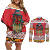 Personalized Romania Christmas Couples Matching Off Shoulder Short Dress and Long Sleeve Button Shirt Romanian Folk Mask - Wonder Print Shop