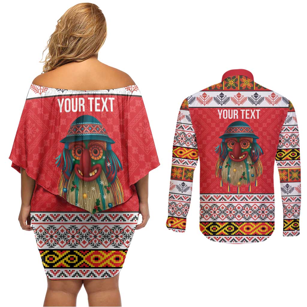Personalized Romania Christmas Couples Matching Off Shoulder Short Dress and Long Sleeve Button Shirt Romanian Folk Mask - Wonder Print Shop