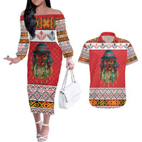Personalized Romania Christmas Couples Matching Off The Shoulder Long Sleeve Dress and Hawaiian Shirt Romanian Folk Mask - Wonder Print Shop