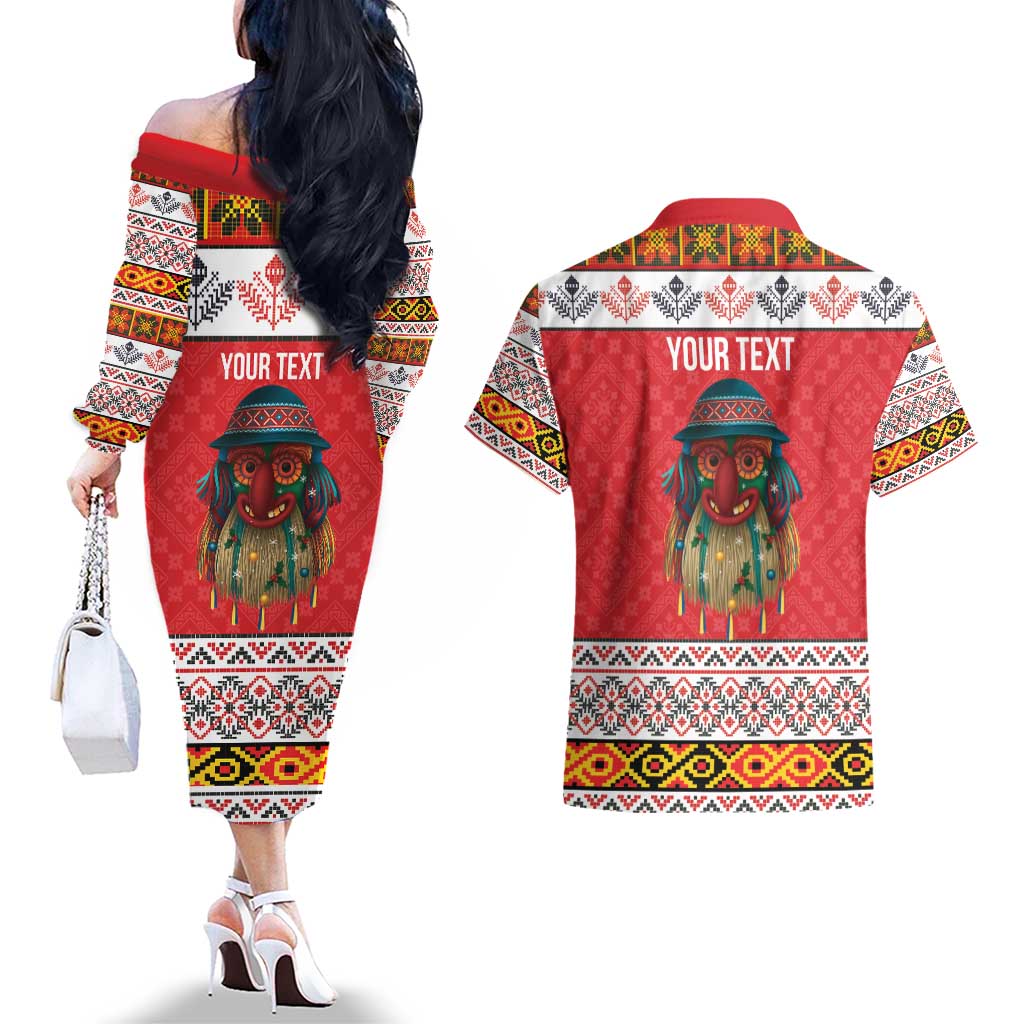 Personalized Romania Christmas Couples Matching Off The Shoulder Long Sleeve Dress and Hawaiian Shirt Romanian Folk Mask - Wonder Print Shop