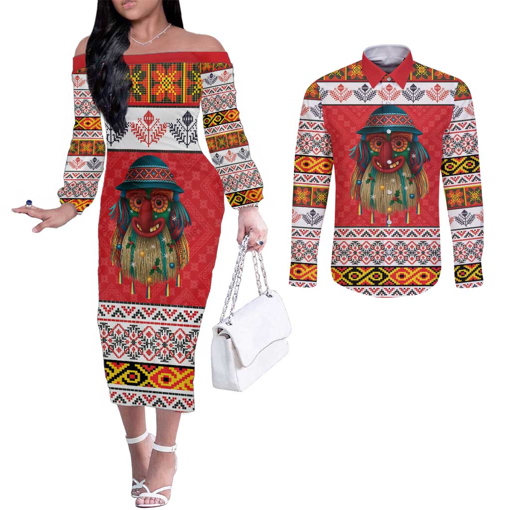 Personalized Romania Christmas Couples Matching Off The Shoulder Long Sleeve Dress and Long Sleeve Button Shirt Romanian Folk Mask - Wonder Print Shop