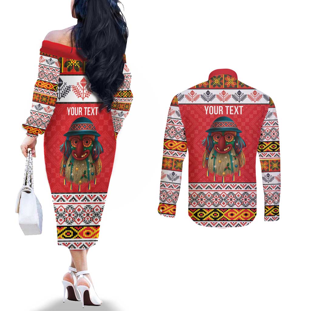 Personalized Romania Christmas Couples Matching Off The Shoulder Long Sleeve Dress and Long Sleeve Button Shirt Romanian Folk Mask - Wonder Print Shop