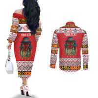 Personalized Romania Christmas Couples Matching Off The Shoulder Long Sleeve Dress and Long Sleeve Button Shirt Romanian Folk Mask - Wonder Print Shop