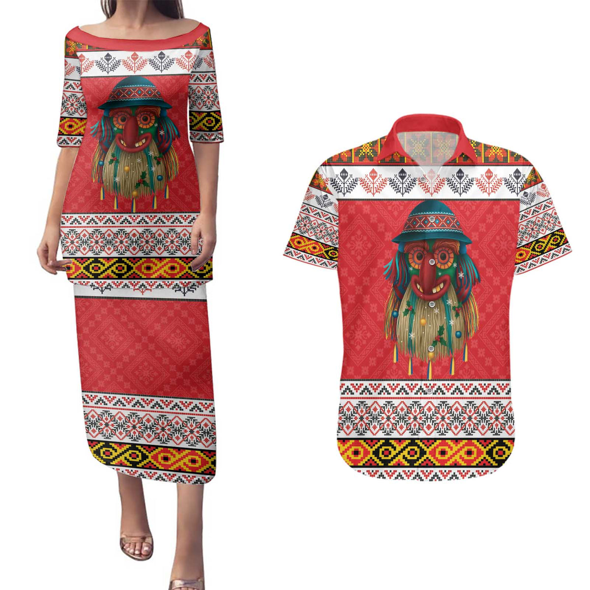 Personalized Romania Christmas Couples Matching Puletasi and Hawaiian Shirt Romanian Folk Mask - Wonder Print Shop