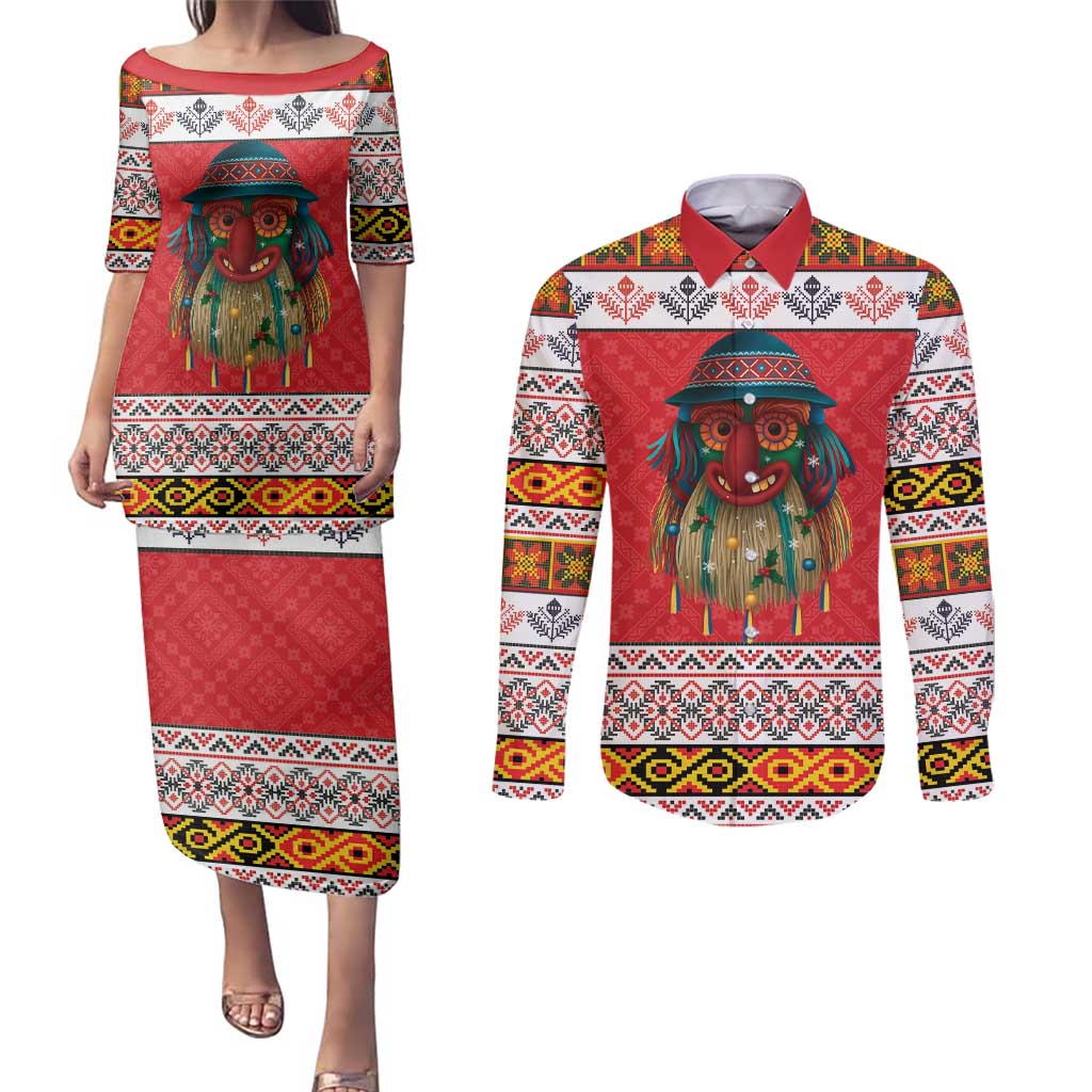 Personalized Romania Christmas Couples Matching Puletasi and Long Sleeve Button Shirt Romanian Folk Mask - Wonder Print Shop