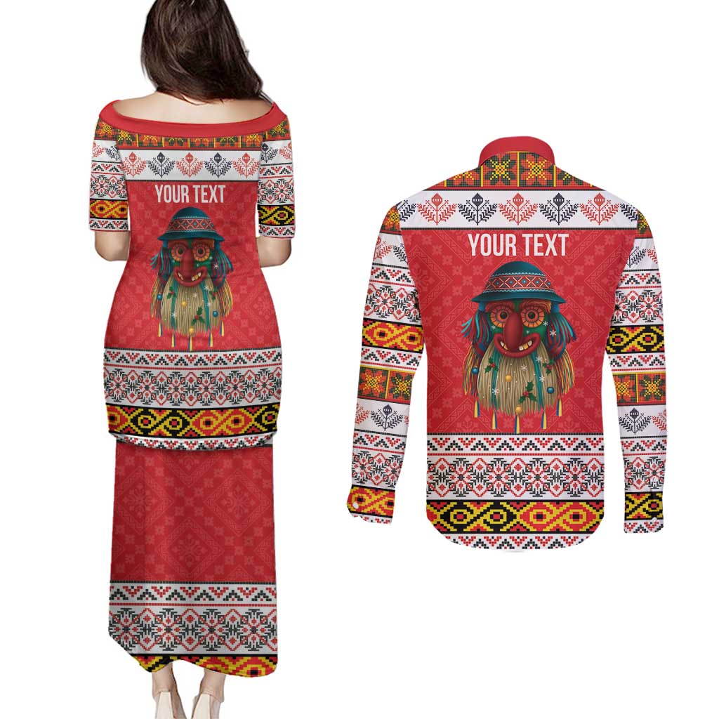 Personalized Romania Christmas Couples Matching Puletasi and Long Sleeve Button Shirt Romanian Folk Mask - Wonder Print Shop