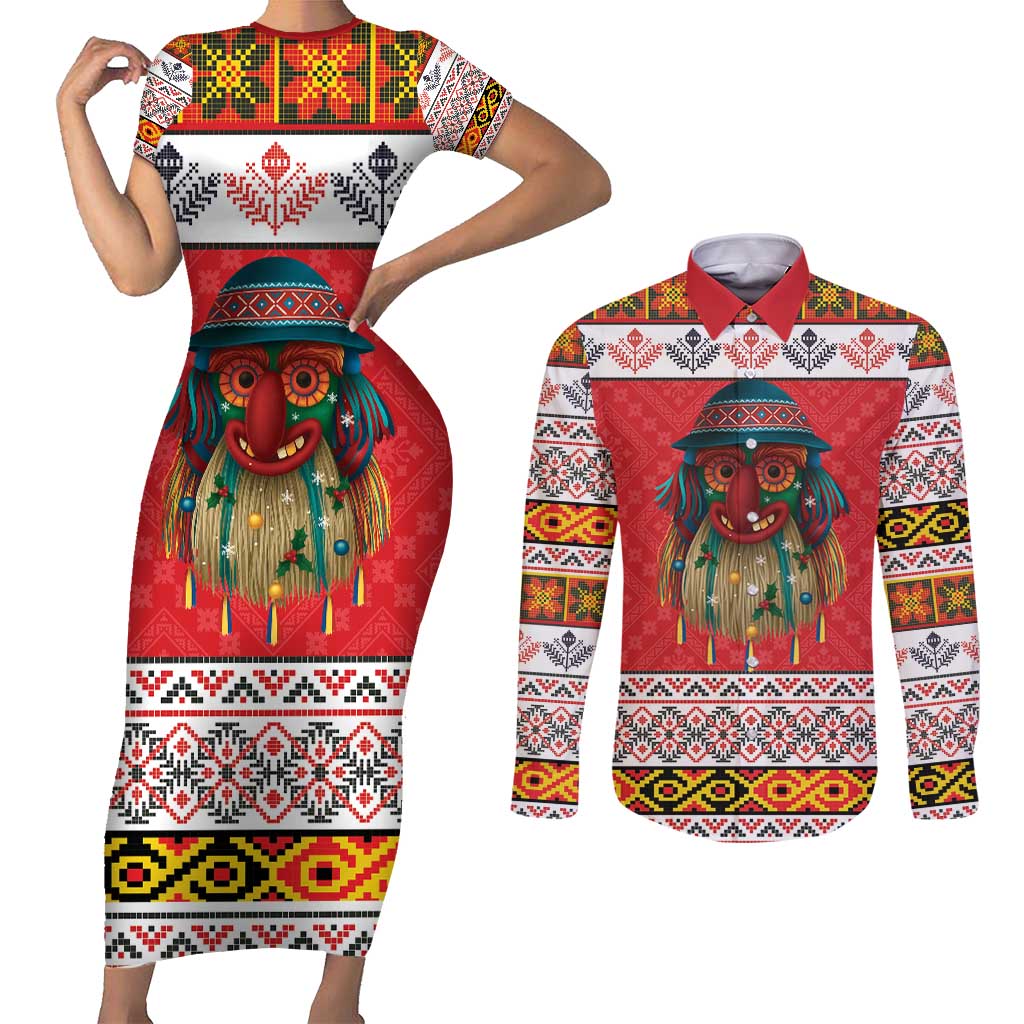 Personalized Romania Christmas Couples Matching Short Sleeve Bodycon Dress and Long Sleeve Button Shirt Romanian Folk Mask - Wonder Print Shop