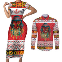Personalized Romania Christmas Couples Matching Short Sleeve Bodycon Dress and Long Sleeve Button Shirt Romanian Folk Mask - Wonder Print Shop