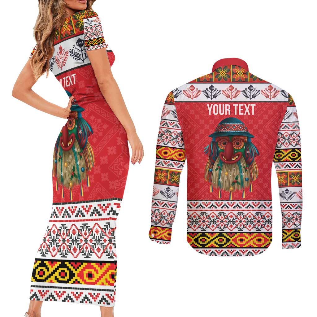 Personalized Romania Christmas Couples Matching Short Sleeve Bodycon Dress and Long Sleeve Button Shirt Romanian Folk Mask - Wonder Print Shop