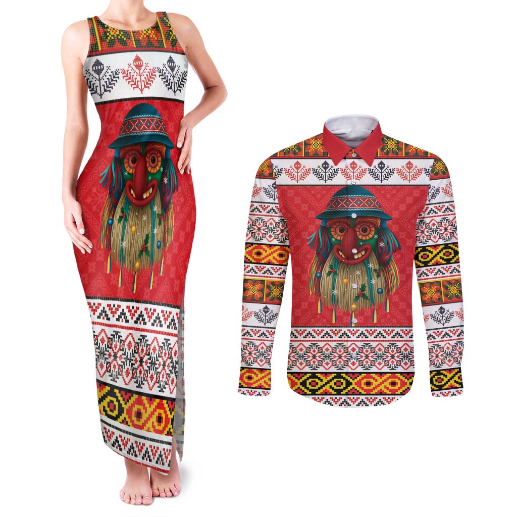 Personalized Romania Christmas Couples Matching Tank Maxi Dress and Long Sleeve Button Shirt Romanian Folk Mask - Wonder Print Shop
