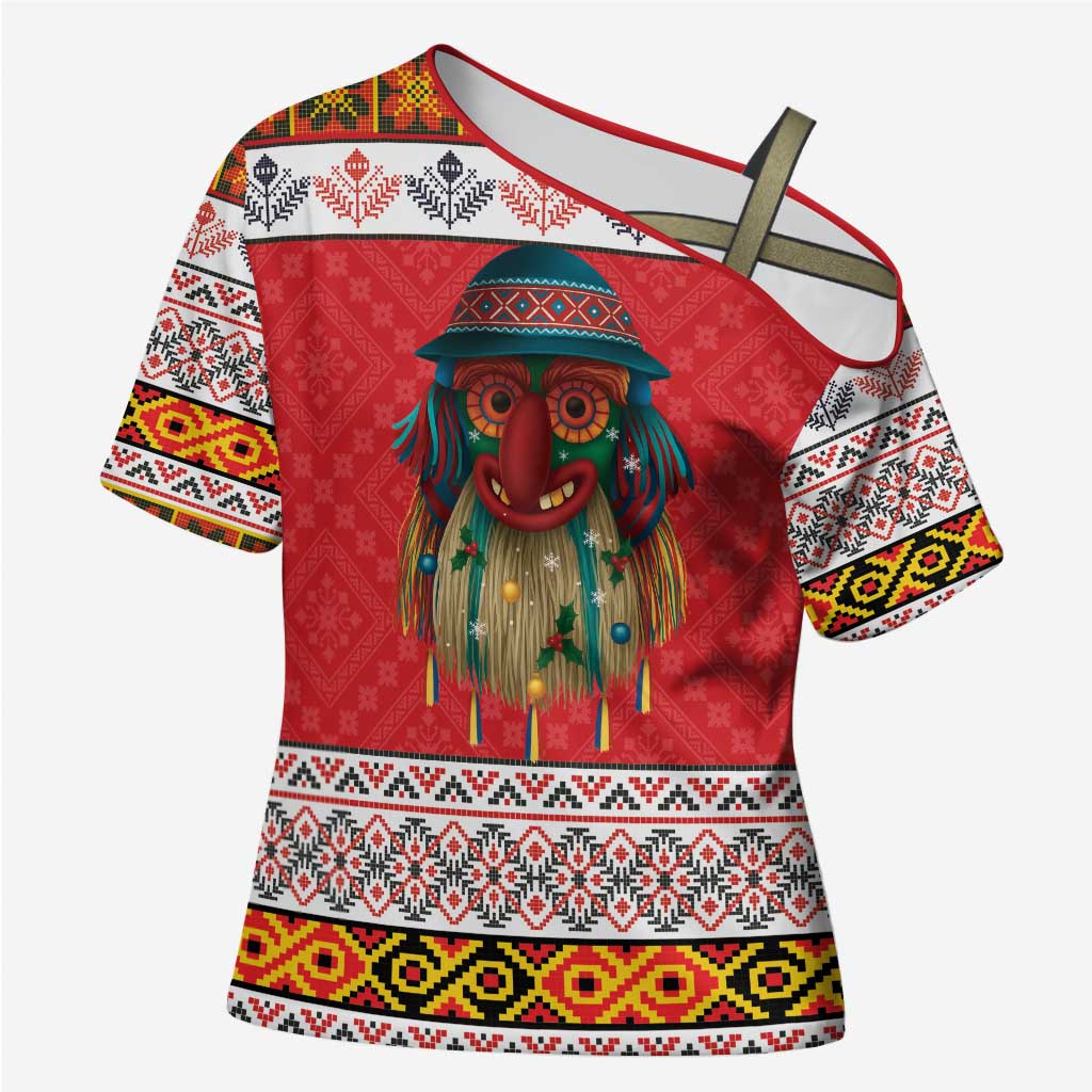 Personalized Romania Christmas Cross Shoulder Shirt Romanian Folk Mask - Wonder Print Shop