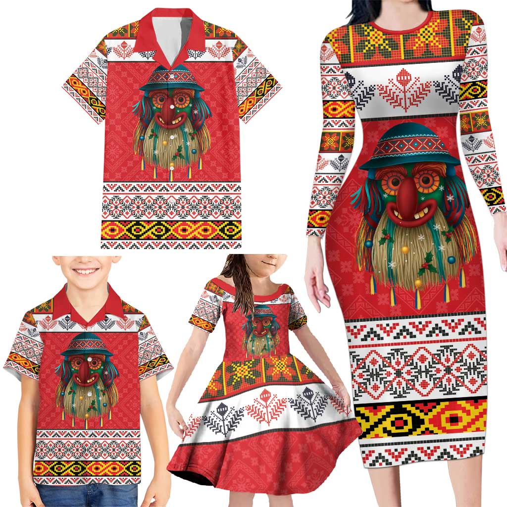 Personalized Romania Christmas Family Matching Long Sleeve Bodycon Dress and Hawaiian Shirt Romanian Folk Mask - Wonder Print Shop