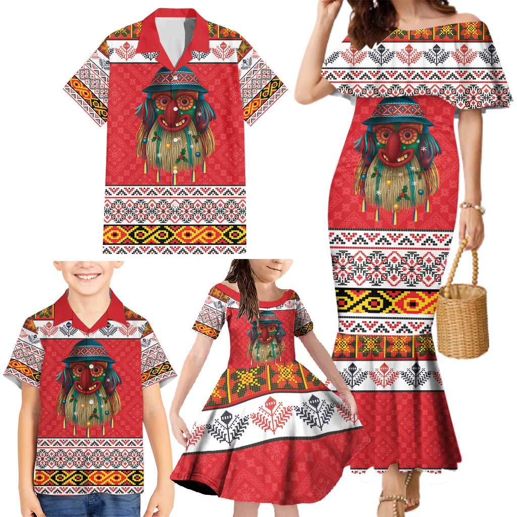 Personalized Romania Christmas Family Matching Mermaid Dress and Hawaiian Shirt Romanian Folk Mask - Wonder Print Shop