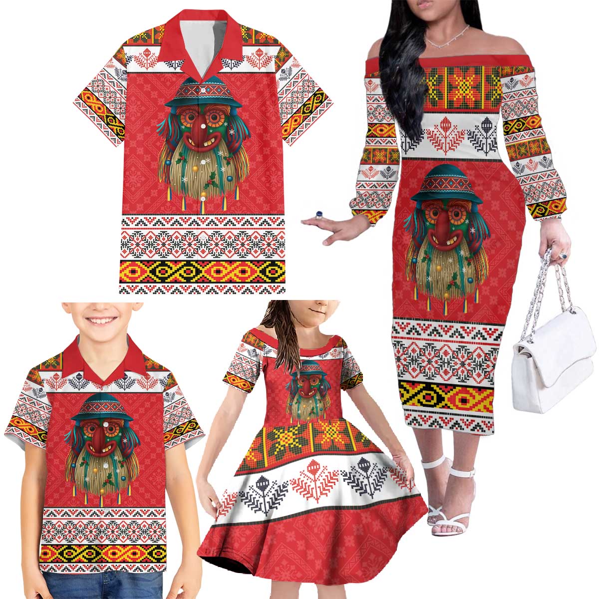 Personalized Romania Christmas Family Matching Off The Shoulder Long Sleeve Dress and Hawaiian Shirt Romanian Folk Mask - Wonder Print Shop
