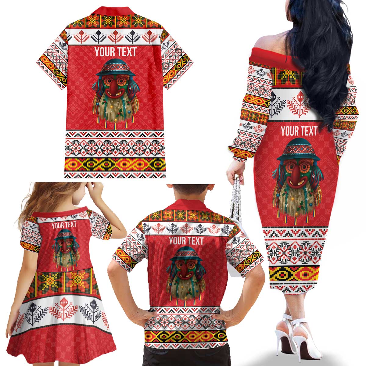 Personalized Romania Christmas Family Matching Off The Shoulder Long Sleeve Dress and Hawaiian Shirt Romanian Folk Mask - Wonder Print Shop