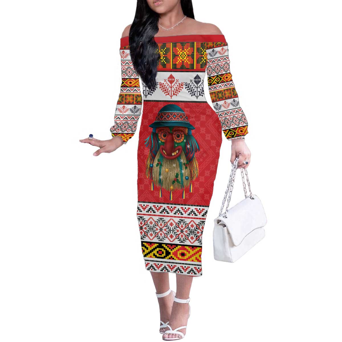 Personalized Romania Christmas Family Matching Off The Shoulder Long Sleeve Dress and Hawaiian Shirt Romanian Folk Mask - Wonder Print Shop