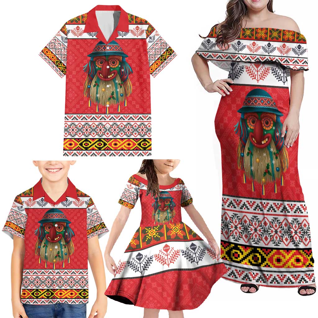 Personalized Romania Christmas Family Matching Off Shoulder Maxi Dress and Hawaiian Shirt Romanian Folk Mask - Wonder Print Shop
