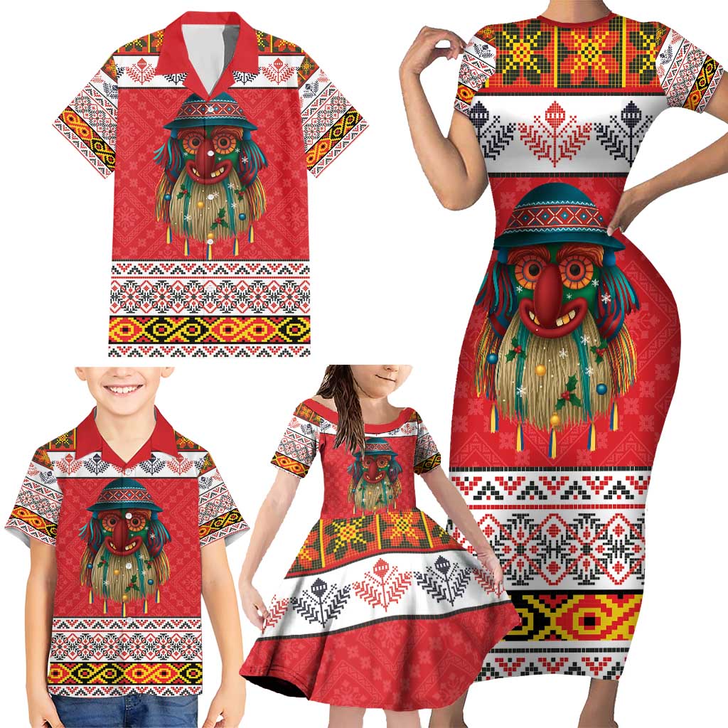 Personalized Romania Christmas Family Matching Short Sleeve Bodycon Dress and Hawaiian Shirt Romanian Folk Mask - Wonder Print Shop