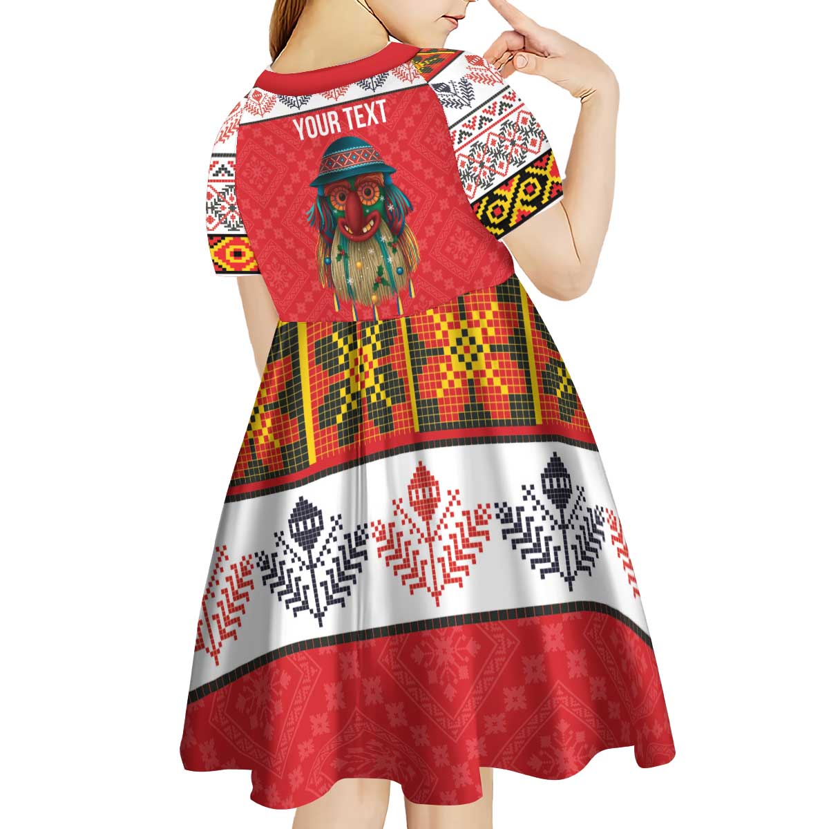 Personalized Romania Christmas Kid Short Sleeve Dress Romanian Folk Mask - Wonder Print Shop