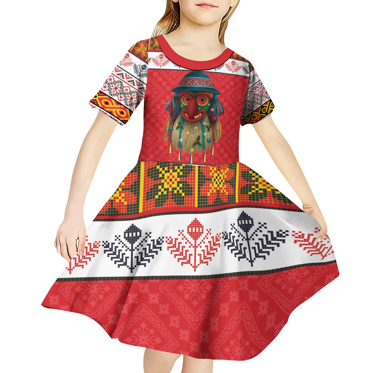Personalized Romania Christmas Kid Short Sleeve Dress Romanian Folk Mask - Wonder Print Shop