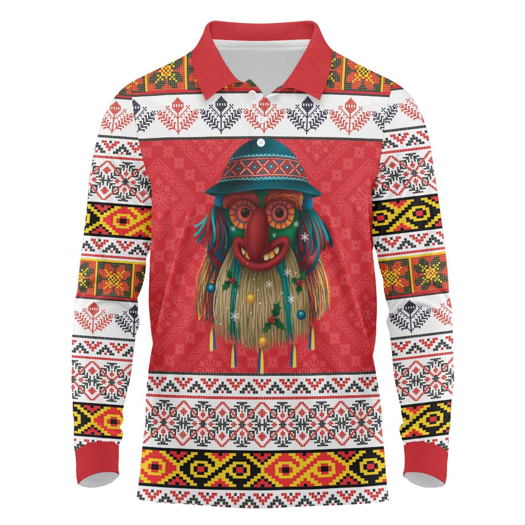Personalized Romania Christmas Long Sleeve Polo Shirt Romanian Folk Mask - Wonder Print Shop