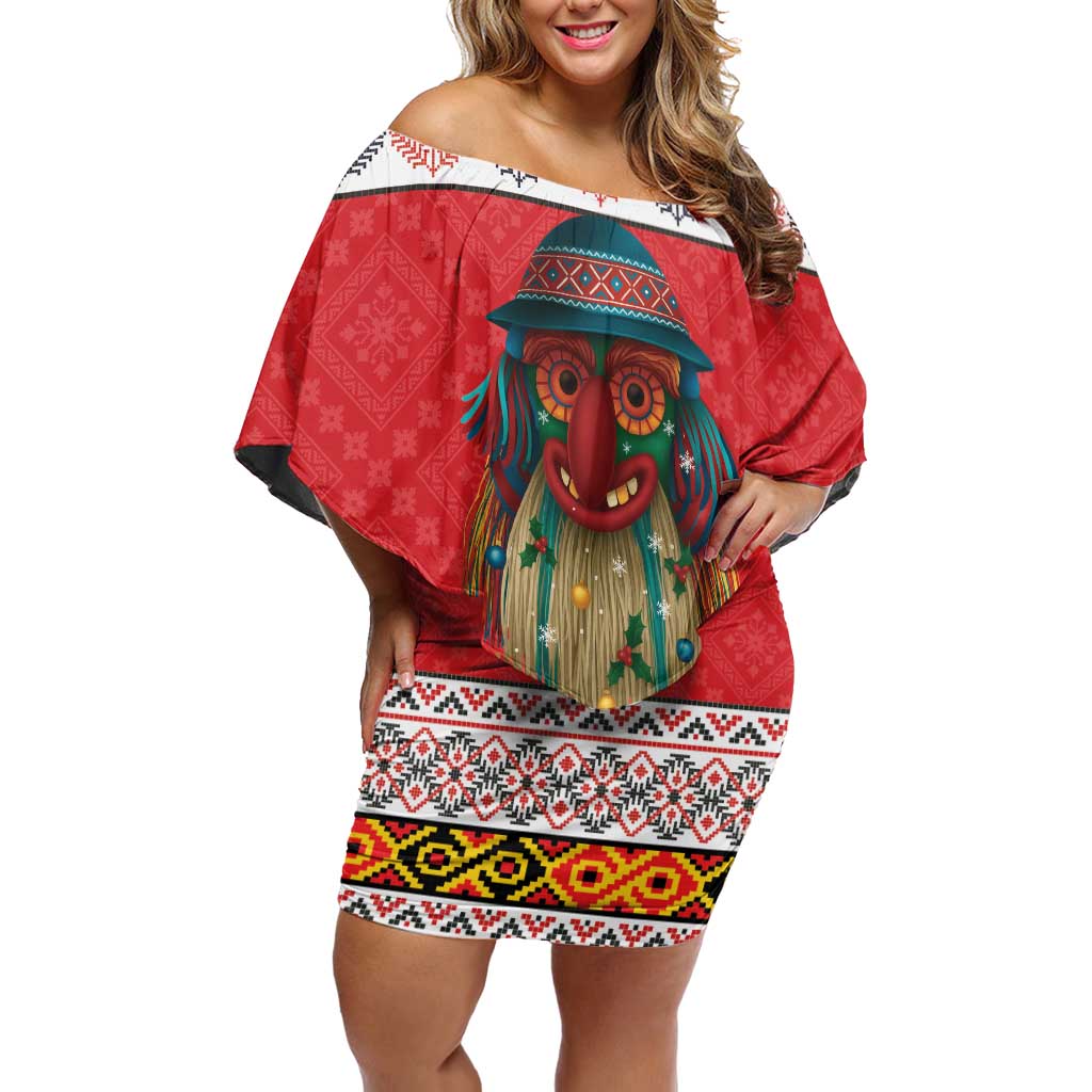 Personalized Romania Christmas Off Shoulder Short Dress Romanian Folk Mask - Wonder Print Shop
