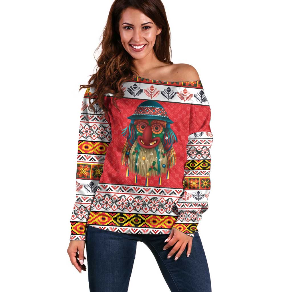 Personalized Romania Christmas Off Shoulder Sweater Romanian Folk Mask - Wonder Print Shop