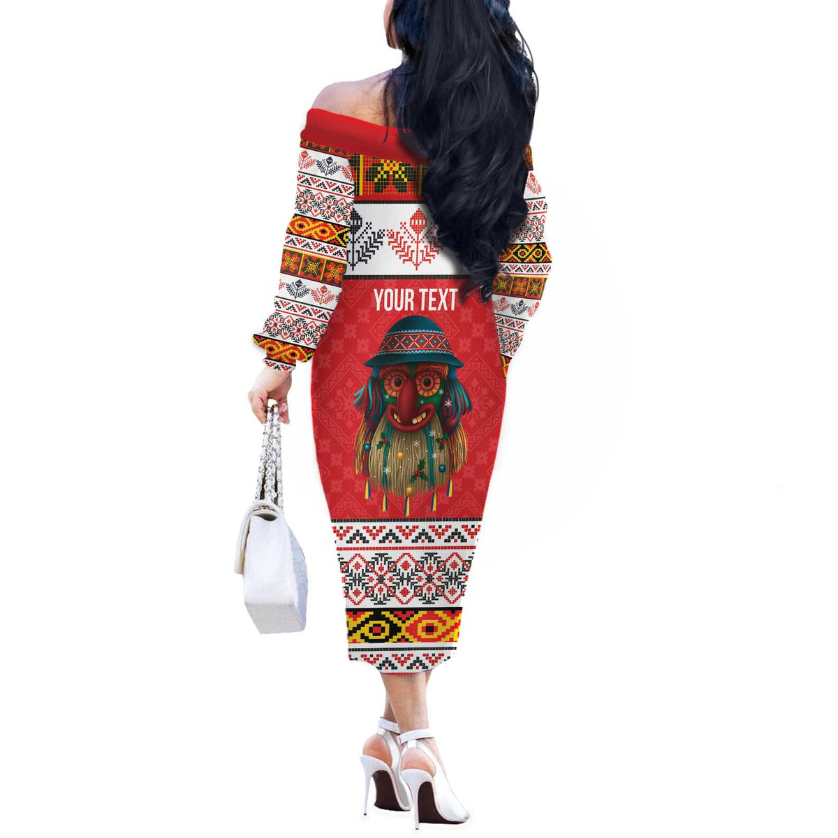 Personalized Romania Christmas Off The Shoulder Long Sleeve Dress Romanian Folk Mask - Wonder Print Shop