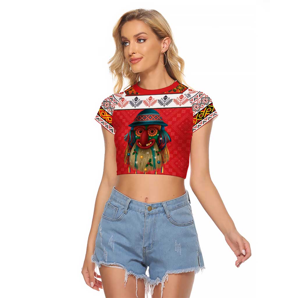 Personalized Romania Christmas Raglan Cropped T Shirt Romanian Folk Mask - Wonder Print Shop