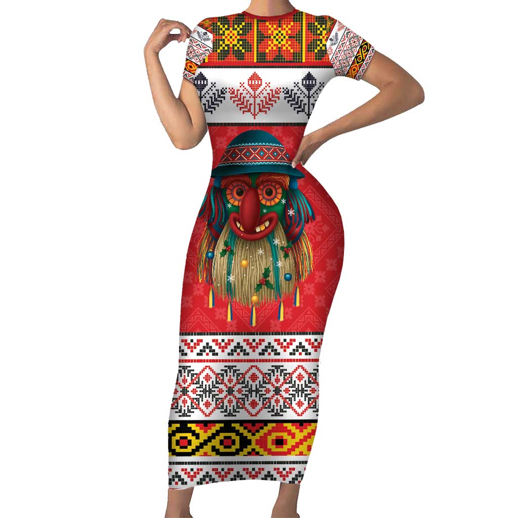 Personalized Romania Christmas Short Sleeve Bodycon Dress Romanian Folk Mask - Wonder Print Shop