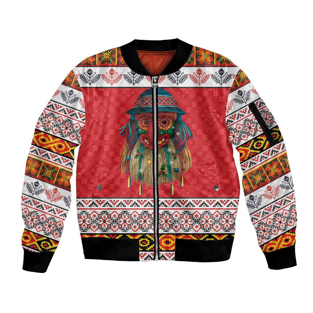 Personalized Romania Christmas Sleeve Zip Bomber Jacket Romanian Folk Mask - Wonder Print Shop