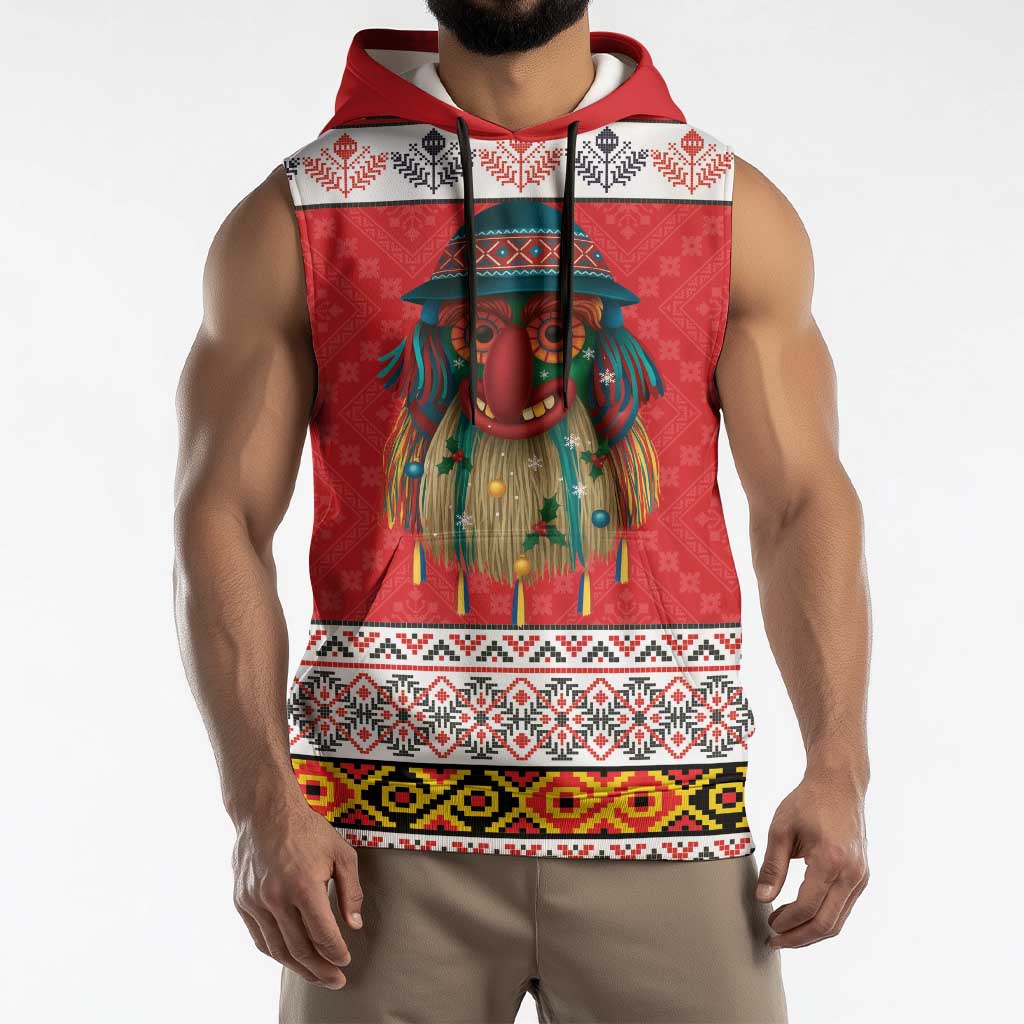 Personalized Romania Christmas Sleeveless Hoodie Romanian Folk Mask - Wonder Print Shop