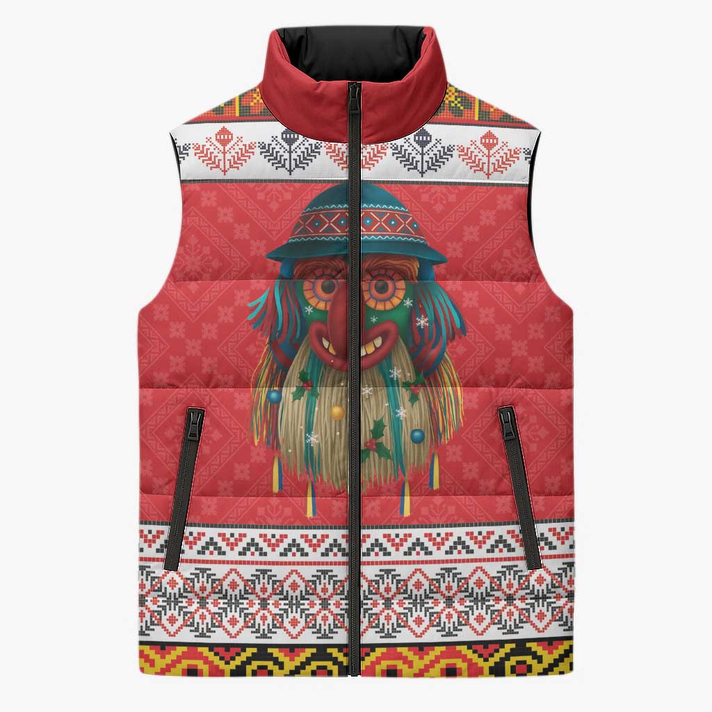 Personalized Romania Christmas Sleeveless Puffer Jacket Romanian Folk Mask - Wonder Print Shop