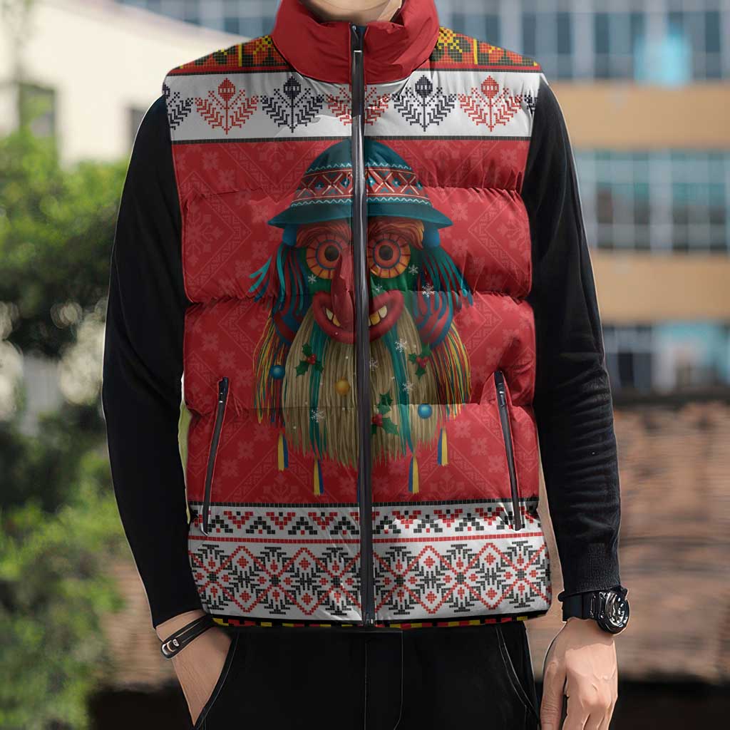 Personalized Romania Christmas Sleeveless Puffer Jacket Romanian Folk Mask - Wonder Print Shop