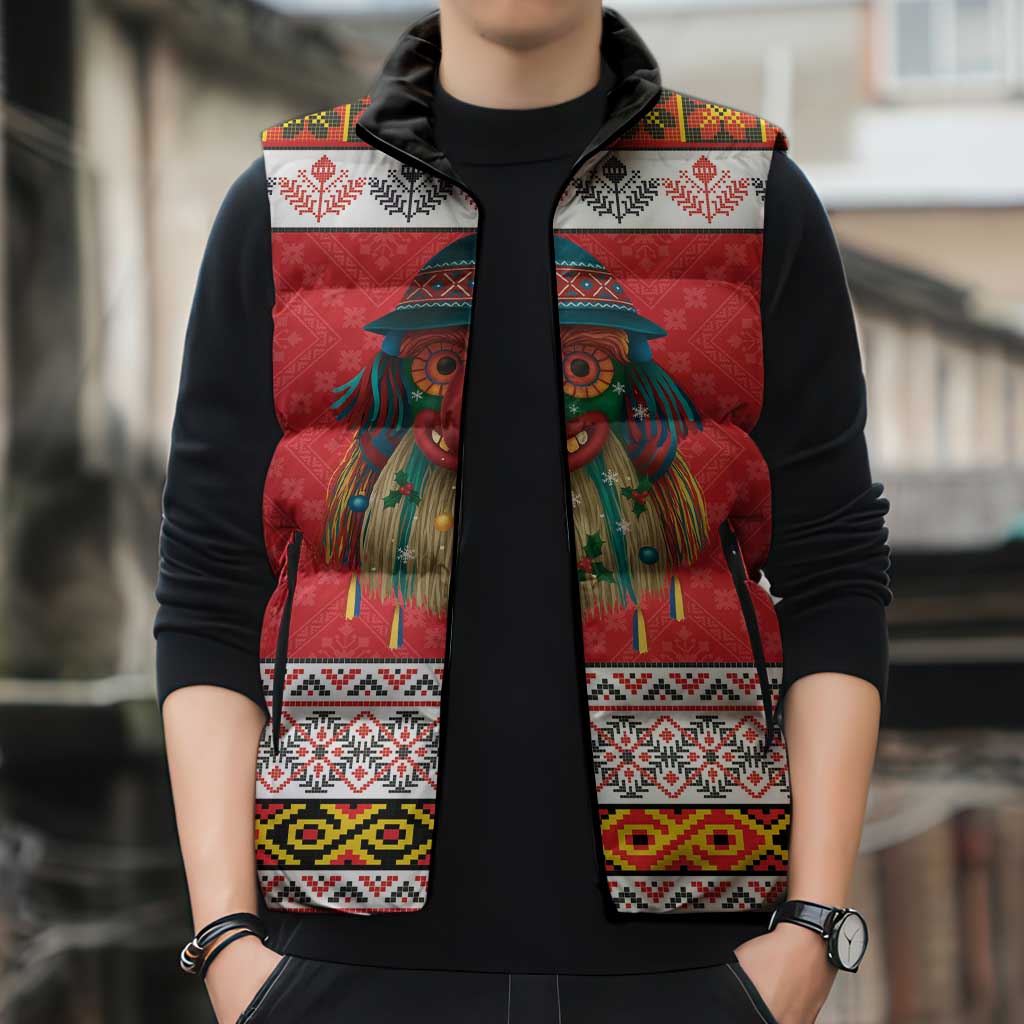 Personalized Romania Christmas Sleeveless Puffer Jacket Romanian Folk Mask - Wonder Print Shop