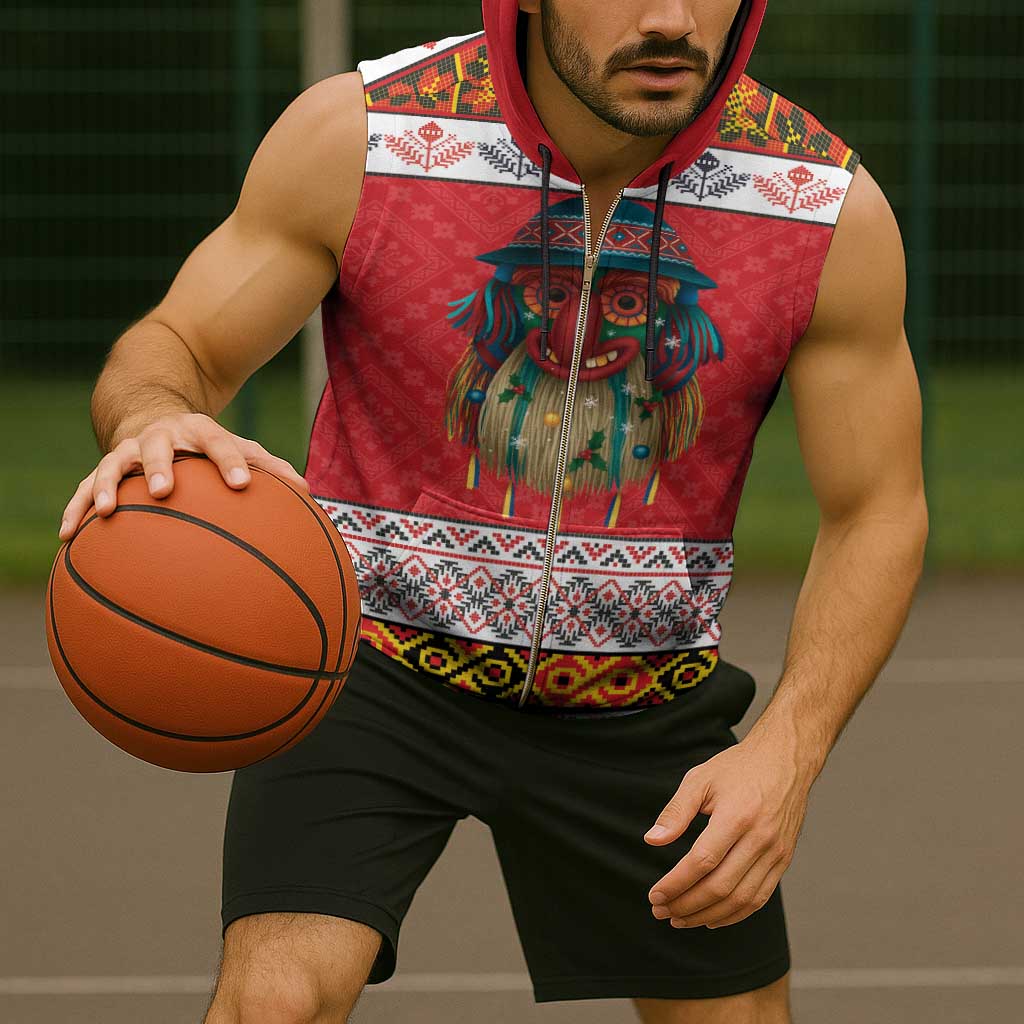 Personalized Romania Christmas Sleeveless Zip Hoodie Romanian Folk Mask - Wonder Print Shop