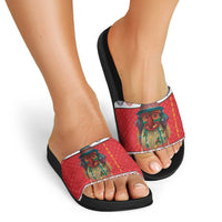 Personalized Romania Christmas Slide Sandals Romanian Folk Mask - Wonder Print Shop