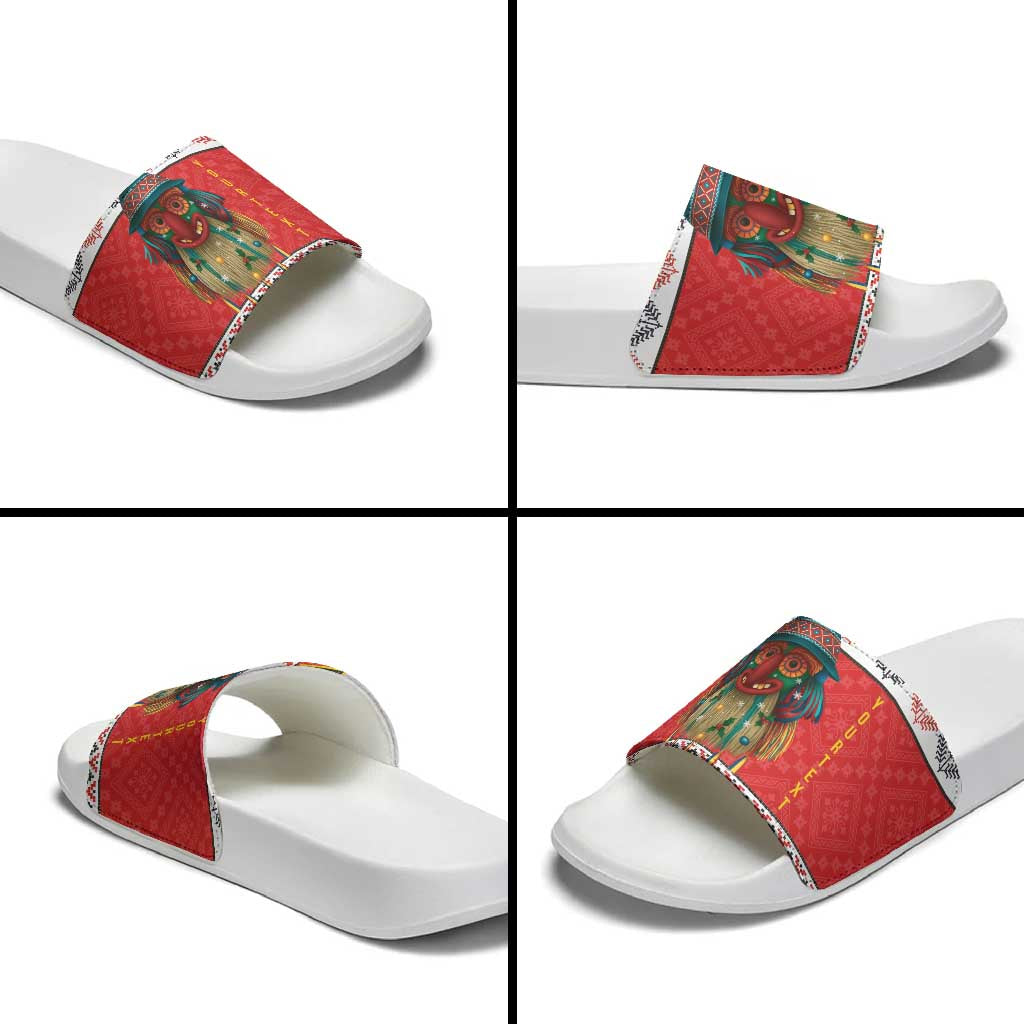 Personalized Romania Christmas Slide Sandals Romanian Folk Mask - Wonder Print Shop