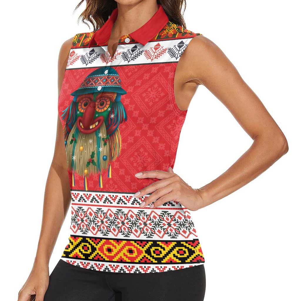 Personalized Romania Christmas Women Sleeveless Polo Shirt Romanian Folk Mask - Wonder Print Shop