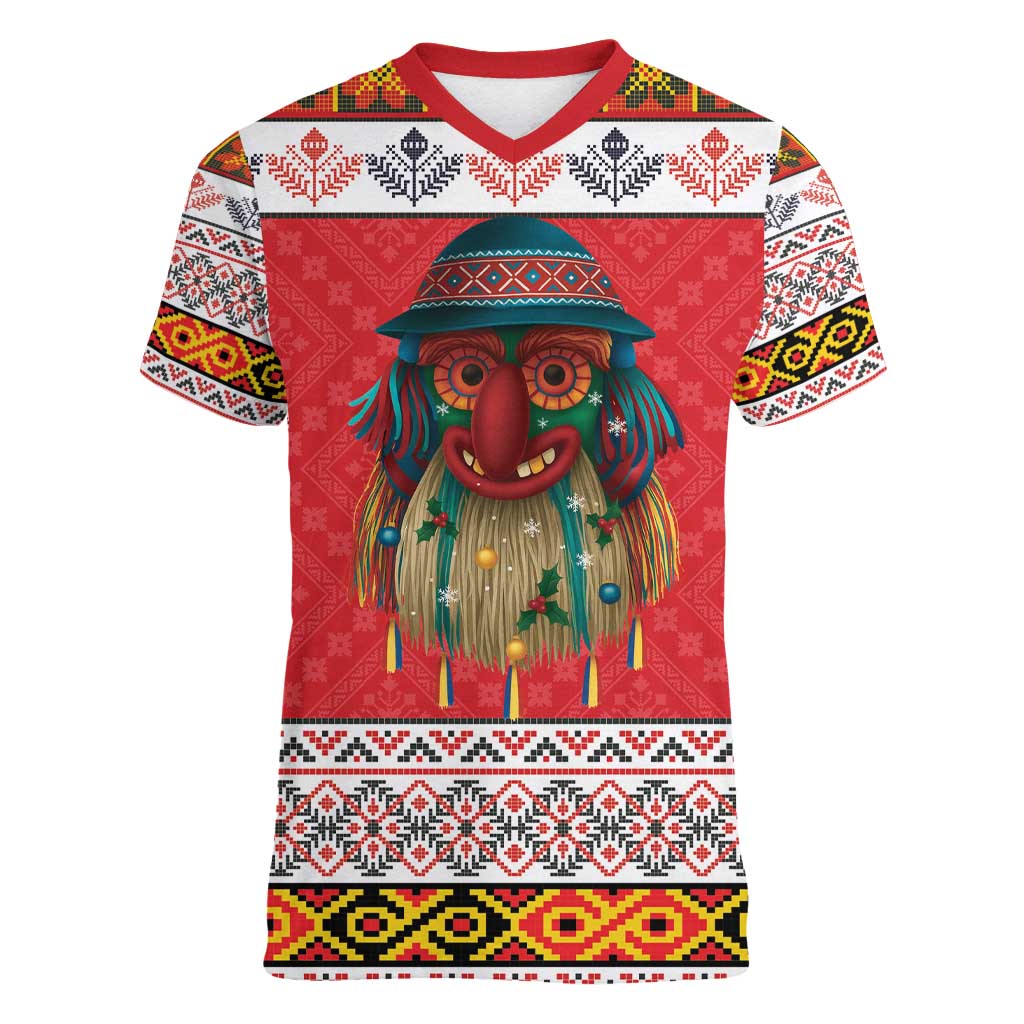 Personalized Romania Christmas Women V-Neck T-Shirt Romanian Folk Mask - Wonder Print Shop