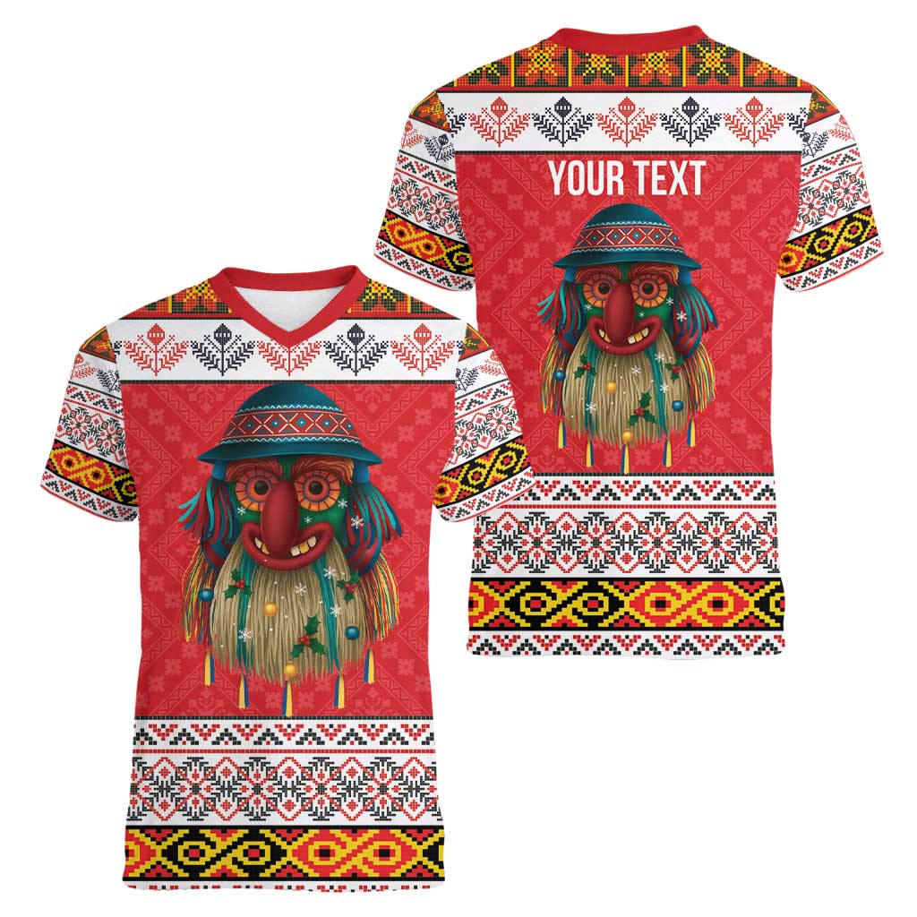 Personalized Romania Christmas Women V-Neck T-Shirt Romanian Folk Mask - Wonder Print Shop