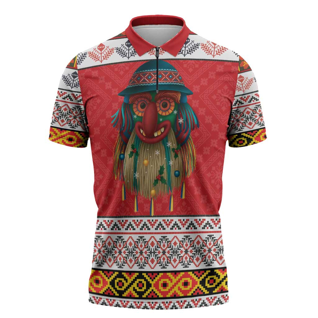 Personalized Romania Christmas Zipper Polo Shirt Romanian Folk Mask - Wonder Print Shop